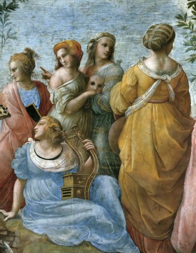 Parnass. Detalj. Fresk i Stanza della Segnatura, ca 1510-1511. av Raphael