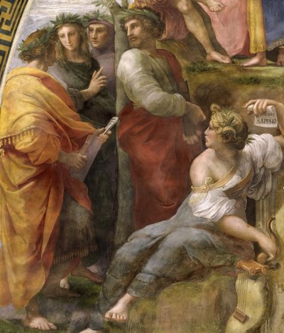 Parnass. Detalj. Fresk i Stanza della Segnatura, ca 1510-1511. av Raphael
