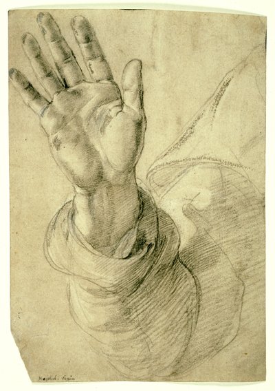 Upphöjd höger hand, med handflatan vänd utåt: Study for Saint Peter, 1518-20 av Raphael