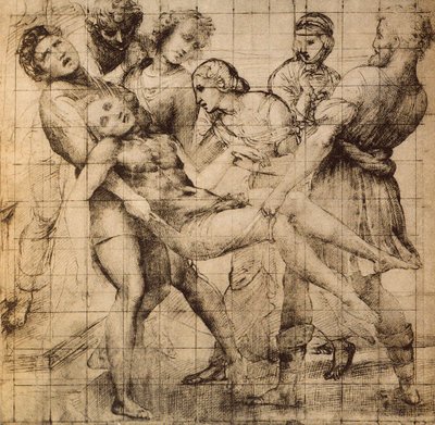 Förberedande ritning för transporten av döda Kristus även känd som pala Baglioni; Rafaels verk. Skåp med ritningar och tryck, Uffizi, Florens av Raffaello Sanzio Raphael
