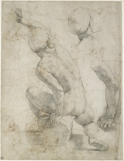Recto: Naken man sittande på en sten, WA1846.200 (svart krita på benvitt papper) av Raffaello Sanzio Raphael