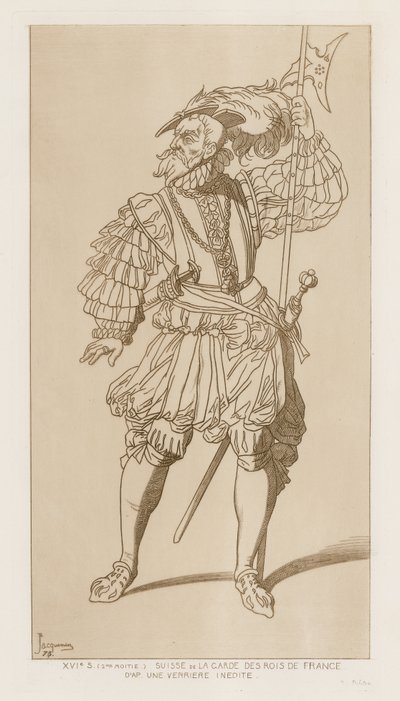 Schweizisk soldat i la garde des rois de France. Andra hälften av 1500-talet. Efter en opublicerad verriere. av Raphael Jacquemin