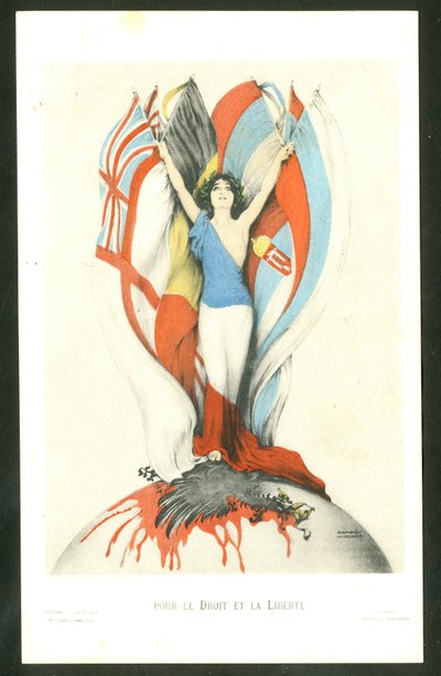 Vykort, färgsatiriskt: För lag och frihet - 14-18 års krig, allierade, flaggor - Örnillustration av Kirchner (1876-1917) av Raphael Kirchner