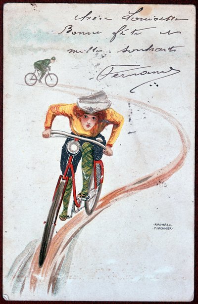 Vykort av en kvinna på cykel - teckning av R. Kirchner, ca. 1900. av Raphael Kirchner