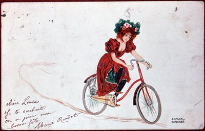 Vykort av en kvinna på en cykel - illustration av R. Kirchner, v.1900 av Raphael Kirchner