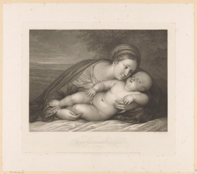 Mary med sovande barn i landskap Parce Somnum Rumpere (titel på objekt) av Raphael Morghen
