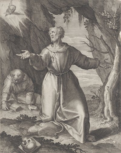 Saint Francis knäböjer med armarna utsträckta och tittar mot en kerub uppe till vänster,..., 1599. av Raphael Sadeler