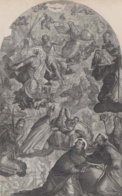 Visionen av Saint Dominic, med Gud Fadern och Kristus i centrum, Jungfrustan..., 1607. av Raphael Sadeler II