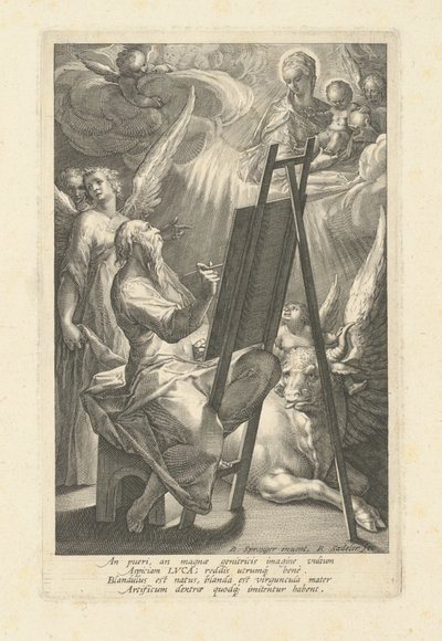 Saint Luke målar jungfrun av Raphael Sadeler I, after Bartholomaeus Spranger