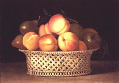 Skål med persikor (olja på duk) av Raphaelle Peale