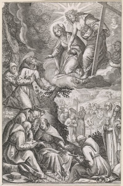 Kristus och Jungfru Maria visar sig för den helige Franciskus och hans orden av Raphaël Sadeler (I)