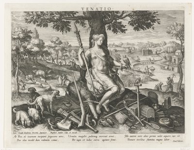 Diana som jaktens beskyddare Venatio (titel på objekt) Principal Activities of a Prince (serietitel) Schema, seu speculum principum (serietitel) av Raphaël Sadeler (I)