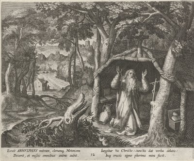 Den helige Arnold av Metz som eremit Eremiternas dygdiga liv (serietitel) Trophaeum vitae solitariae (serietitel) av Raphaël Sadeler (I)