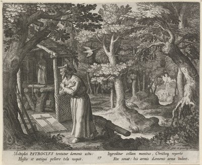Saint Patroclus av Néris som eremit Eremiternas dygdiga liv (serietitel) Trophaeum vitae solitariae (serietitel) av Raphaël Sadeler (I)