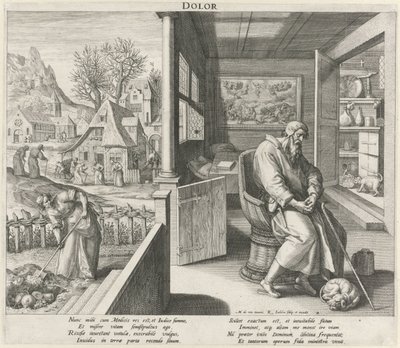 Ålderdom under påverkan av sorg Dolor (titel på objekt) The Four Ages (serietitel) av Raphaël Sadeler (I)