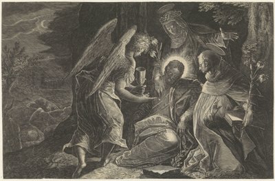 Kristus tröstas i Getsemane av en ängel, Saint Dominic och Saint Catherine of Siena Lydnadens spegel Perfectissimvm Obedientiae Specvlvm (titel på objekt) Speglar av lydnad, kyskhet och fattigdom (serietitel) av Raphaël Sadeler (II)