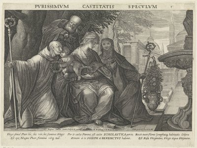 Helig familj med Saint Benedict och Saint Scholastica Kyskhetens spegel Pvrissimvm Castitatis Specvlvm (titel på objekt) Speglar av lydnad, kyskhet och fattigdom (serietitel) av Raphaël Sadeler (II)