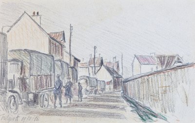 Konvoj av militärfordon vid Trilport, ca 1914-18 (blyerts på papper) av Raymond Bonnefon
