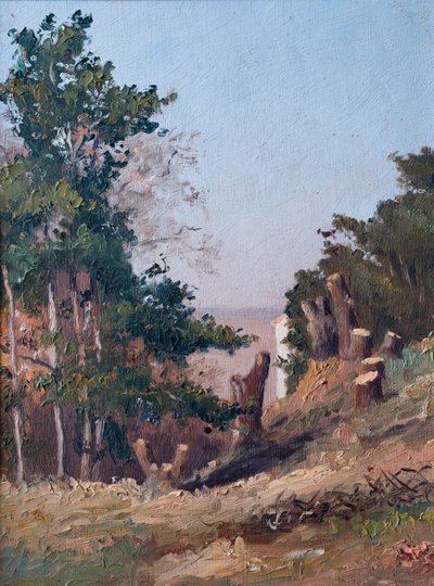 Avverkade träd, i bakgrunden, estauire de la Gironde (olja på trä) av Raymond Bonnefon