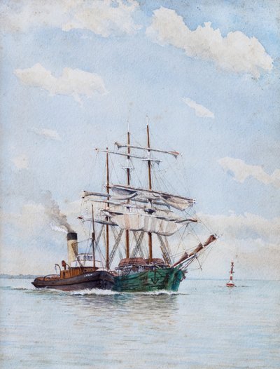 Framför Blaye, Tre master och bogserbåtar (akvarell) av Raymond Bonnefon