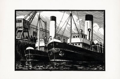 Fartyg i hamn i Bordeaux (linoleumsnitt) av Raymond Bonnefon