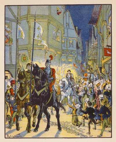 Entree De Jeanne A Orleans (färglitografi) av Raymond de la Neziere