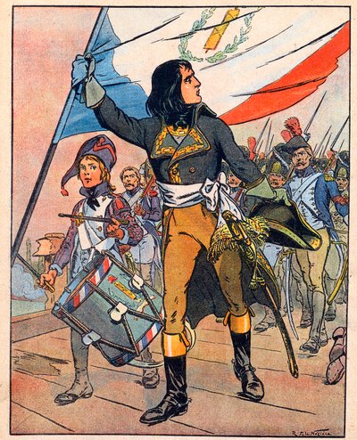 Första italienska fälttåget: Napoleon Bonaparte (1769-1821) i slaget vid Arcole-bron, november 1796" hämtat från "Nos-Gloires-Nationales" ca 1920 (gravyr) av Raymond de la Neziere