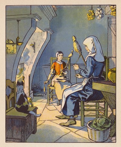 Jeanne A Domremy Avec Sa Mere (färglitografi) av Raymond de la Neziere