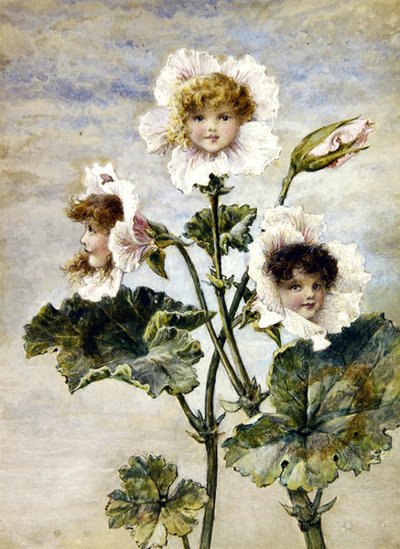 Pelargon & Sweet Pea - Blomsterbarn - ett par (akvarell & kroppsfärg på papper) av Rebecca Coleman