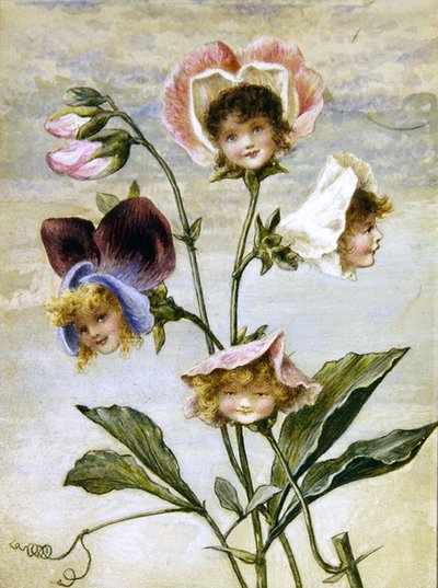 Pelargon & Sweet Pea - Blomsterbarn - ett par (akvarell & kroppsfärg på papper) av Rebecca Coleman