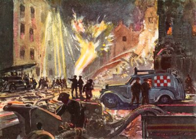 Brandmän från den brittiska nationella brandkåren i krigstid som hanterar en brinnande gasledning under Blitz, andra världskriget av Reginald Mills