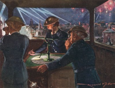Observationspost av den brittiska nationella brandkåren under krigstid under ett flyganfall, andra världskriget av Reginald Mills