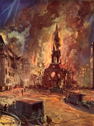 St Clement Danes Church, Strand, London, i brand under Blitz, andra världskriget av Reginald Mills
