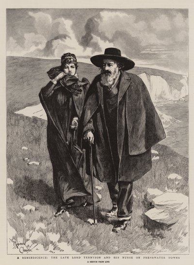 A Reminiscence, den bortgångne Lord Tennyson och hans sjuksköterska på Freshwater Downs (gravyr) av Reginald Thomas Cleaver