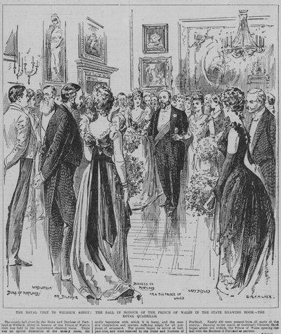 Dansar kunglig kadrilj på balen som hålls till prins av Wales ära i den statliga salongen på Welbeck Abbey, Nottinghamshire av Reginald Thomas Cleaver