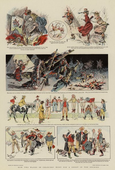 Hur två avdelningar i kansliet åkte för att skjuta i Klippiga bergen (färglitografi) av Reginald Thomas Cleaver