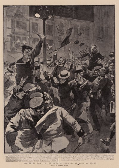 "Mafeking Day" i Portsmouth, Commercial Road på natten (litografi) av Reginald Thomas Cleaver