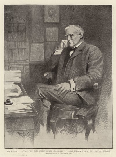 Thomas F Bayard, USA:s förre ambassadör i Storbritannien, som nu lämnar England (litografi) av Reginald Thomas Cleaver