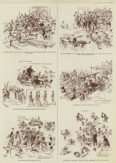Home Rule-sessionen, några "Daily Graphic"-skisser i parlamentet (gravyr) av Reginald Thomas Cleaver
