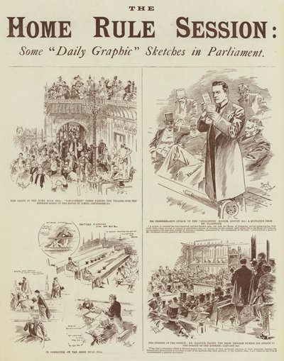 Home Rule-sessionen, några "Daily Graphic"-skisser i parlamentet (gravyr) av Reginald Thomas Cleaver