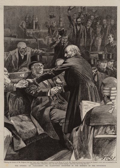 Parlamentets öppnande, Gladstones mottagande av oppositionsmedlemmarna (gravyr) av Reginald Thomas Cleaver