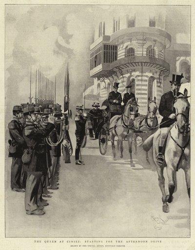 Drottningen i Cimiez, på väg ut på eftermiddagsrundan (litografi) av Reginald Thomas Cleaver