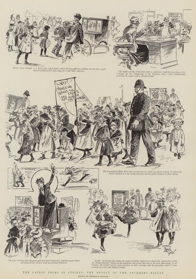 Det senaste inom strejker, trottoarbalettens revolt (gravyr) av Reginald Thomas Cleaver