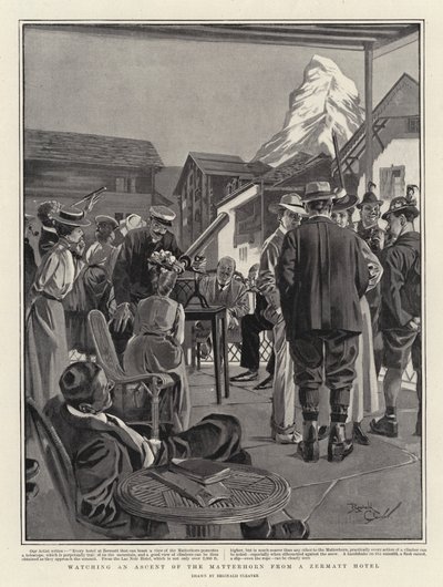 Tittar på en bestigning av Matterhorn från ett hotell i Zermatt (litografi) av Reginald Thomas Cleaver