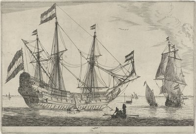 Stort segelfartyg och en roddbåt Tretton scener med skepp (serietitel) av Reinier Nooms