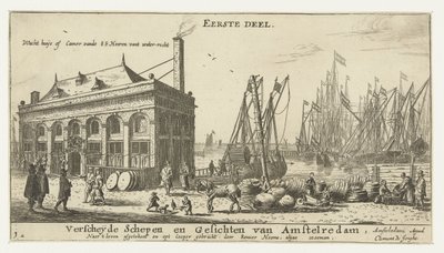 Hamnen i Amsterdam med vakthuset Vänta huÿs eller camer vande EE Heeren vant water-recht (titel på objekt) Olika fartyg och stadsbilder i Amsterdam, första delen (serietitel) Första delen. Olika fartyg och ansikten av Amstelredam, av Reinier Nooms