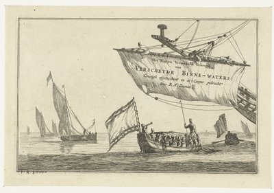 Statensloop och segelfartyg på lugnt vatten Nöten och den underhållande användningen av Versheyde Binne-Waters; Constigh togs bort och fördes in i Cooper av R.N. Sailor (serietitel på objekt) Inre vattenvägar (serietitel) av Reinier Nooms