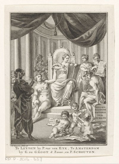 Allegorisk framställning med historia, sanning, antiken och försiktighet Turkarnas samtida historia (titel på objekt) Titelsida för: S.n., Samtida historia eller fortsättningen av allmän historia, 1767 av Reinier Vinkeles (I)