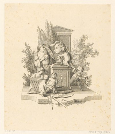 Allegorisk scen med en byst av Jacob Otten Huslij av Reinier Vinkeles (I)