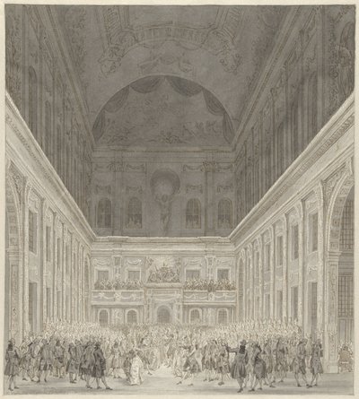 Bal i medborgarsalen i stadshuset i Amsterdam för att hedra besöket av prins William V och Wilhelmina av Preussen, juni 1768 av Reinier Vinkeles (I)